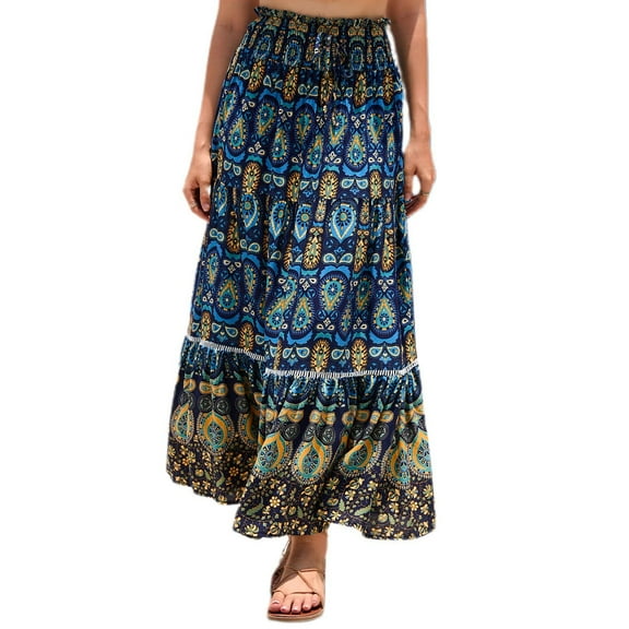 SWSMCLT Women's High Waisted Skirt Summer Long Boho Skirts Gypsy Hippie Ruffle Pleated Flowy Beach Casual Elastic Elastic Waist Navy Large