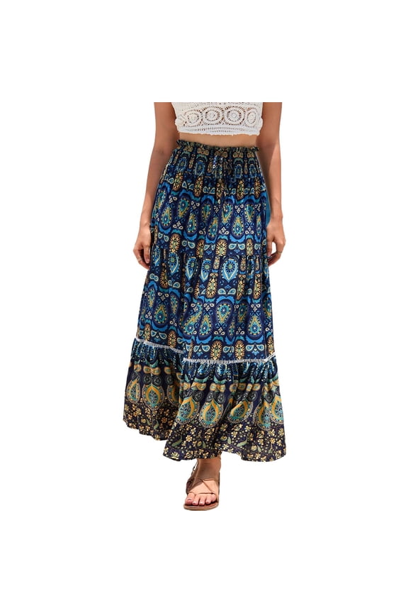 Women's High Waisted Skirt Summer Long Boho Skirts Gypsy Hippie Ruffle Pleated Flowy Beach Casual Elastic Elastic Waist Navy X-Large