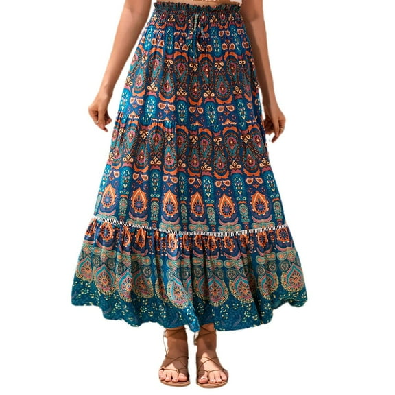SWSMCLT Women's High Waisted Skirt Summer Long Boho Skirts Gypsy Hippie Ruffle Pleated Flowy Beach Casual Elastic Elastic Waist Peacock Blue Large