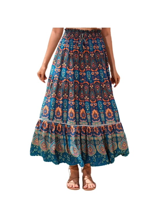 Women's High Waisted Skirt Summer Long Boho Skirts Gypsy Hippie Ruffle Pleated Flowy Beach Casual Elastic Elastic Waist Peacock Blue Large