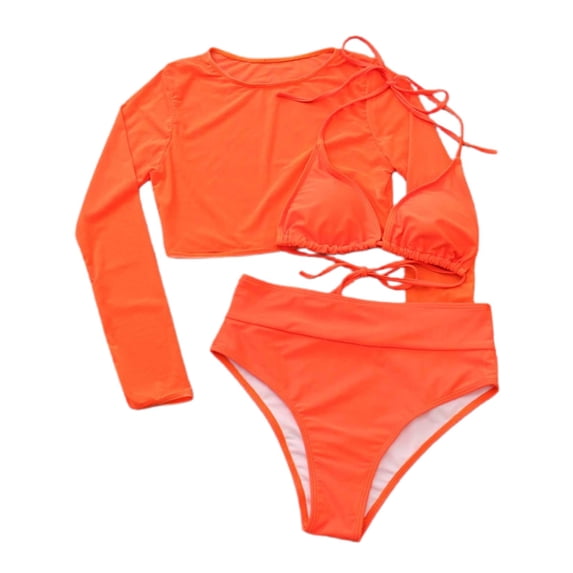 SWSMCLT Women's High Waisted Triangle Bikini Set Swimsuit Mesh Beach Coverup Crop Top Padded Brazilian Cheeky 3 Piece Halter String Bathing Suit Orange Medium
