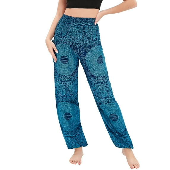 SWSMCLT Women's Hippie Pants Beach Floral Printed Smocked Waist Indian Thain Bohemian Boho Yoga Harem Pant Cinch Bottom Jogger Lounge Blue One Size