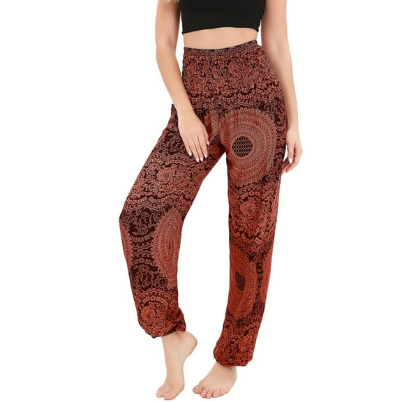 SWSMCLT Women's Hippie Pants Beach Floral Printed Smocked Waist Indian Thain Bohemian Boho Yoga Harem Pant Cinch Bottom Jogger Lounge Orange One Size