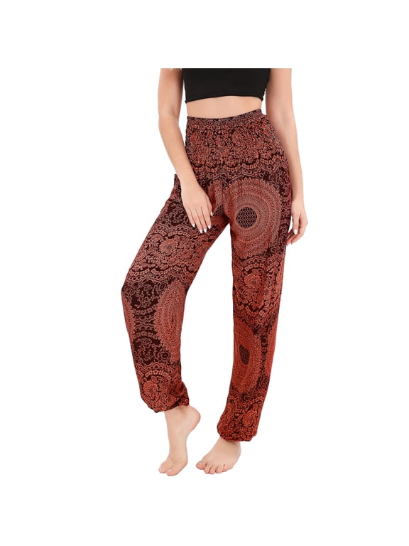 Women's Hippie Pants Beach Floral Printed Smocked Waist Indian Thain Bohemian Boho Yoga Harem Pant Cinch Bottom Jogger Lounge Orange One Size