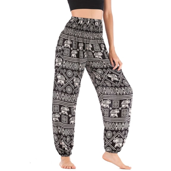 SWSMCLT Women's Hippie Yoga Pants Boho Summer Long Workout Loose Lightweight Baggy Pants High Waisted Trousers Black Small-Large