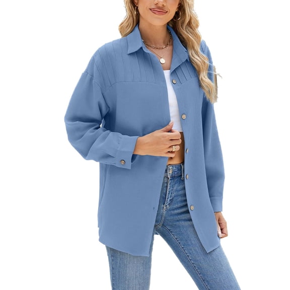 SWSMCLT Women's Holiday Button Down Shirt Button Up Shirt Button Blouse Boyfriend Long Sleeve Ruched Casual Blue Large