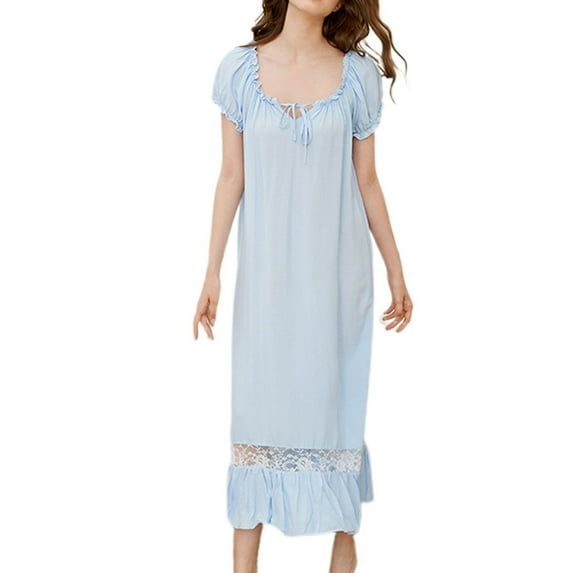 SWSMCLT Women's Hollow Out Loungewear Keyhole Baggy Loose Low Back Old Fashioned Night Gown Lounge Dress Home Light Blue Small