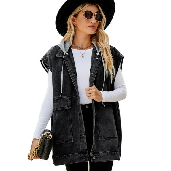 SWSMCLT Women's Hooded Denim Vest Fashion Casual Denim Jacket Long Oversized Baggy Jean Vests Button Up Loose Fit Pockets Fall Spring Dark Grey X-Large