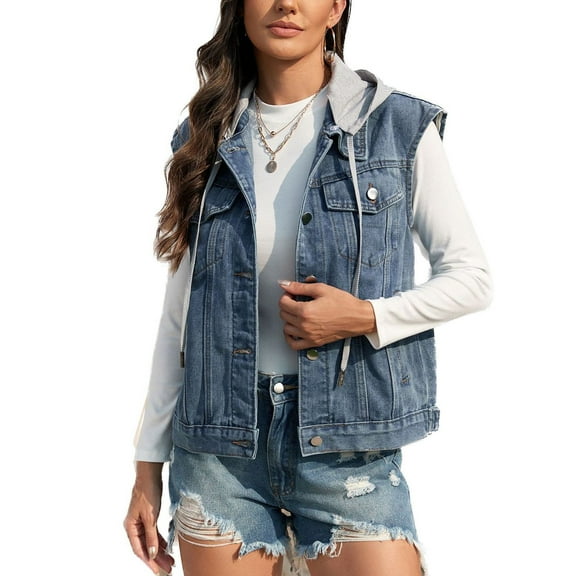 SWSMCLT Women's Hooded Denim Vest Sleeveless Casual Detachable Hood Short Denim Jacket Jean Vest Classy Western Pocket Button Up Spring Summer Light Blue1 Medium