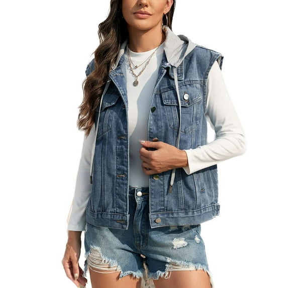 SWSMCLT Women's Hooded Denim Vest Sleeveless Casual Detachable Hood Short Denim Jacket Jean Vest Classy Western Pocket Button Up Spring Summer Light Blue1 Small