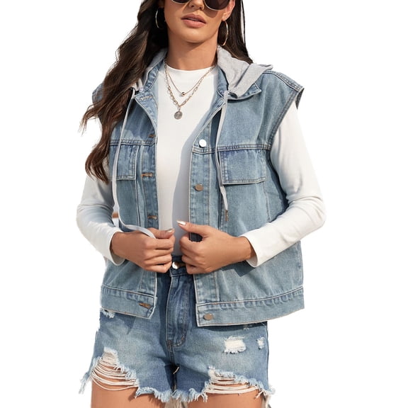 SWSMCLT Women's Hooded Denim Vest Washed Casual Jean Jackets w/ Detachable Hood Sleeveless Tank Top Loose Button Down Collar Fall Fashion Vest Pocket Travel Blue X-Large