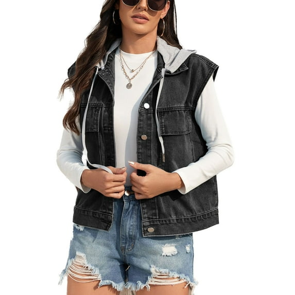 SWSMCLT Women's Hooded Denim Vest Washed Casual Jean Jackets w/ Detachable Hood Sleeveless Tank Top Loose Button Down Collar Fall Fashion Vest Pocket Travel Black X-Large