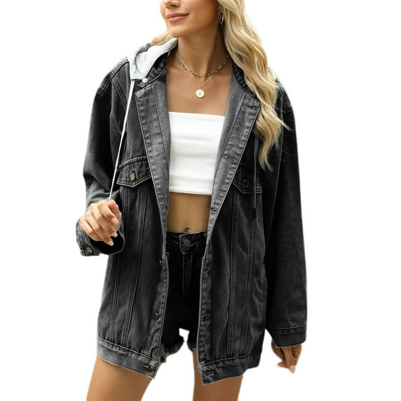SWSMCLT Women's Hooded Jean Jacket Soft Light Washed Long Sleeve Button Down Spring Fall Top Pocket Denim Jacket Detachable Hood Oversized Baggy Loose Fit Classy Collared Western Black X-Large