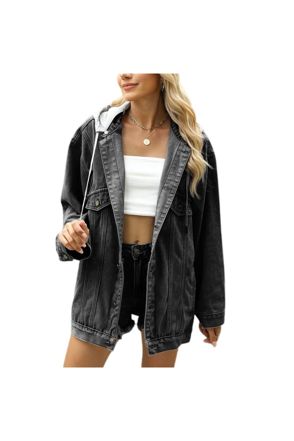Women's Hooded Jean Jacket Soft Light Washed Long Sleeve Button Down Spring Fall Top Pocket Denim Jacket Detachable Hood Oversized Baggy Loose Fit Classy Collared Western Black X-Large