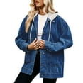 thumbnail image 1 of SWSMCLT Women's Hooded Jean Jacket Soft Light Washed Loose Fit Classic Collared Denim Jacket Spring Fall Top Long Sleeve Button Down Pocket Oversized Baggy Detachable Hood Blue Small, 1 of 5