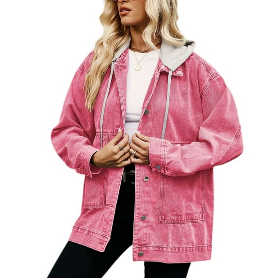 SWSMCLT Women's Hooded Jean Jacket Soft Light Washed Loose Fit Classic Collared Denim Jacket Spring Fall Top Long Sleeve Button Down Pocket Oversized Baggy Detachable Hood Pink Large