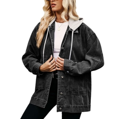 SWSMCLT Women's Hooded Jean Jacket Soft Light Washed Loose Fit Classic Collared Denim Jacket Spring Fall Top Long Sleeve Button Down Pocket Oversized Baggy Detachable Hood Black Medium