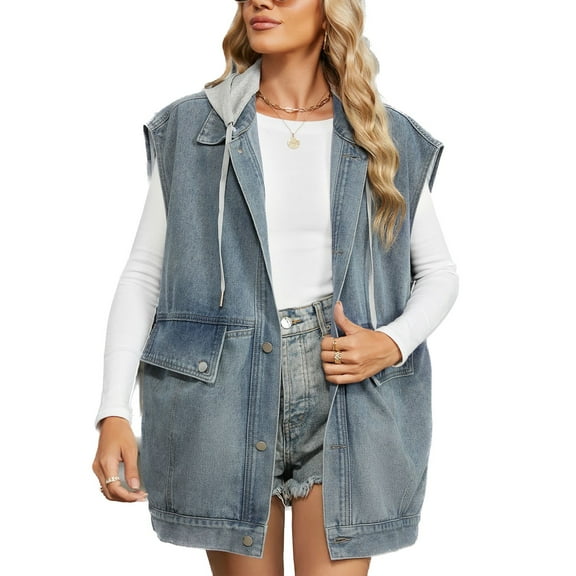 SWSMCLT Women's Hooded Jean Jacket Vest Fall Top Lightweight Denim Jackets w/ Detachable Vintage Washed Spring Casual Loose Fit Baggy Pockets Sleeveless Hood Blue Small