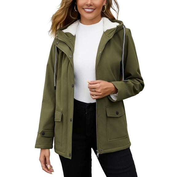 SWSMCLT Women's Hooded Rain Coat Zip Up Anorak Rain Jacket Fleece Lined Windbreaker 2025 Flap Pocket Long Sleeve Waterproof Raincoat Casual Drawstring Zipper Army Green XX-Large