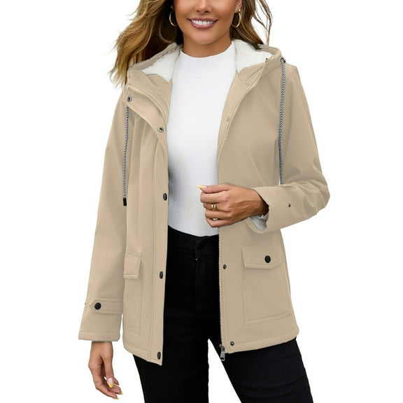 SWSMCLT Women's Hooded Rain Coat Zip Up Anorak Rain Jacket Fleece Lined Windbreaker 2025 Flap Pocket Long Sleeve Waterproof Raincoat Casual Drawstring Zipper Apricot XX-Large