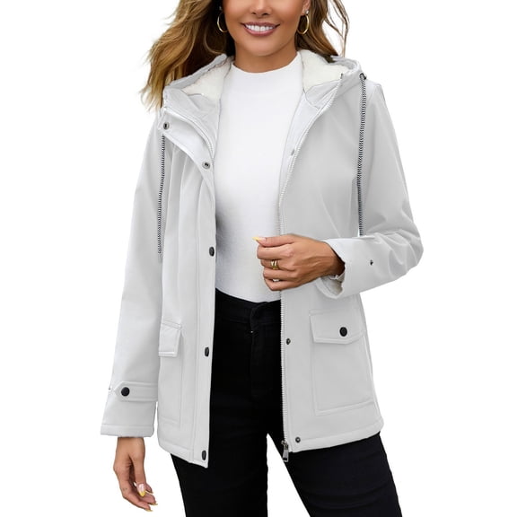 SWSMCLT Women's Hooded Rain Coat Zip Up Anorak Rain Jacket Fleece Lined Windbreaker 2025 Flap Pocket Long Sleeve Waterproof Raincoat Casual Drawstring Zipper Light Grey Large