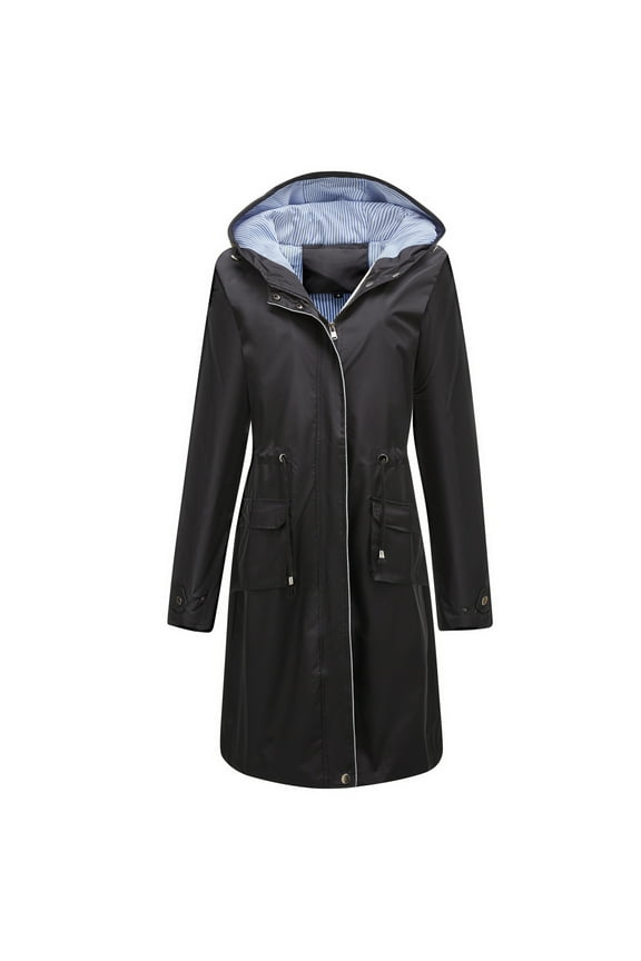 Women's Hooded Rain Jacket Long Raincoat Casual Full Zip Anorak Spring Fall Jackets Knee Length Waterproof Ladies Fashion Midi Windbreaker Pockets Black Small