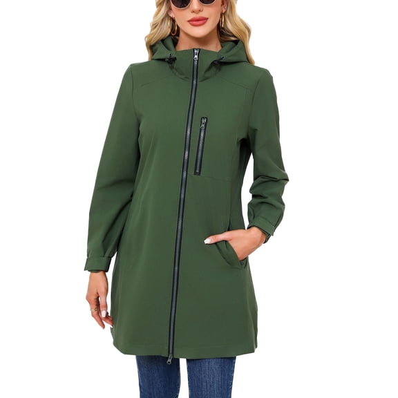 SWSMCLT Women's Hooded Rain Jackets Waterproof Long Full Zip Coat Rain Coats Outerwear Fall Casual Anoraks Hood Thigh Length Pockets Army Green Small