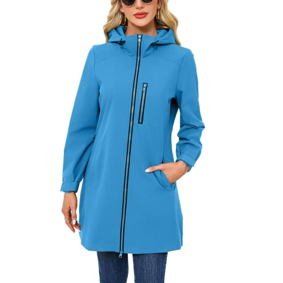 SWSMCLT Women's Hooded Rain Jackets Waterproof Long Full Zip Coat Rain Coats Outerwear Fall Casual Anoraks Hood Thigh Length Pockets Blue 14