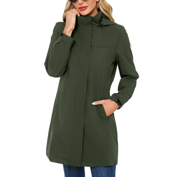 SWSMCLT Women's Hooded Raincoat Lightweight Slim Fit Full Zip Long Rain Jacket Trench Coat Waterproof Rain Coats Casual Anoraks Long Sleeve Outerwear Army Green 4