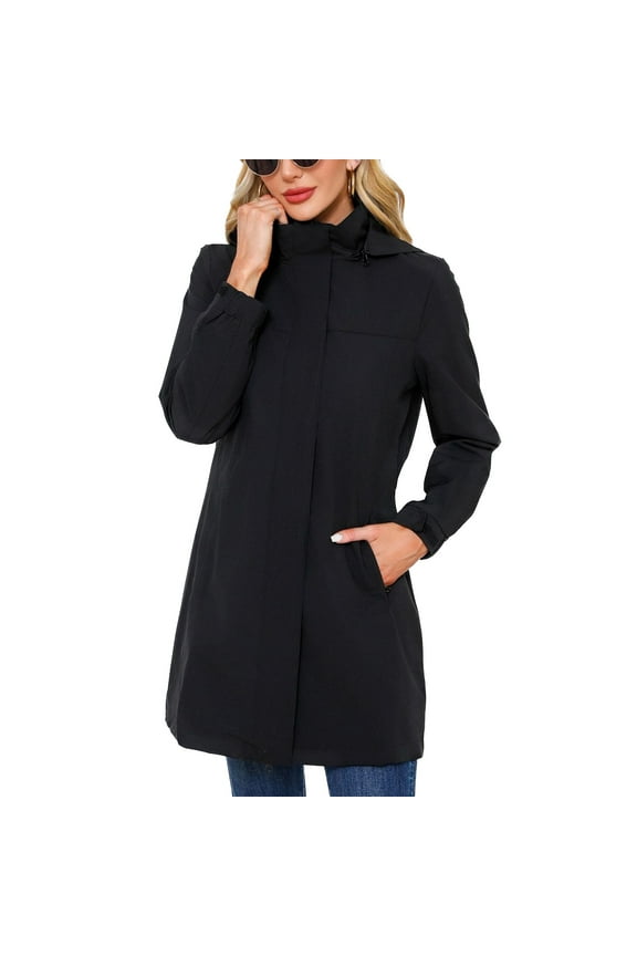 Women's Hooded Raincoat Lightweight Slim Fit Full Zip Long Rain Jacket Trench Coat Waterproof Rain Coats Casual Anoraks Long Sleeve Outerwear Black 4