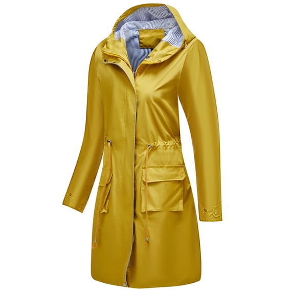 SWSMCLT Women's Hooded Raincoat Outerwear Long Rain Jacket Midi Windbreaker Pockets Water-resistant Spring Anorak Coat Casual Full Zip Yellow Medium