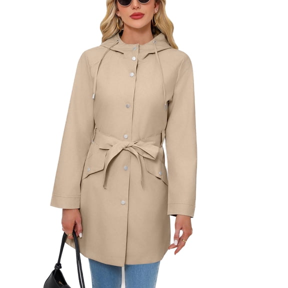 SWSMCLT Women's Hooded Trench Coat Slim Fit Button Down Rain Jackets Long Coats Waterproof Raincoat Spring Long Sleeve Belted Pockets Apricot 8-10
