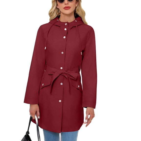SWSMCLT Women's Hooded Trench Coat Slim Fit Button Down Rain Jackets Long Coats Waterproof Raincoat Spring Long Sleeve Belted Pockets Burgundy 12