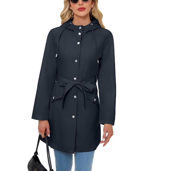 SWSMCLT Women's Hooded Trench Coat Slim Fit Button Down Rain Jackets Long Coats Waterproof Raincoat Spring Long Sleeve Belted Pockets Dark Blue 12