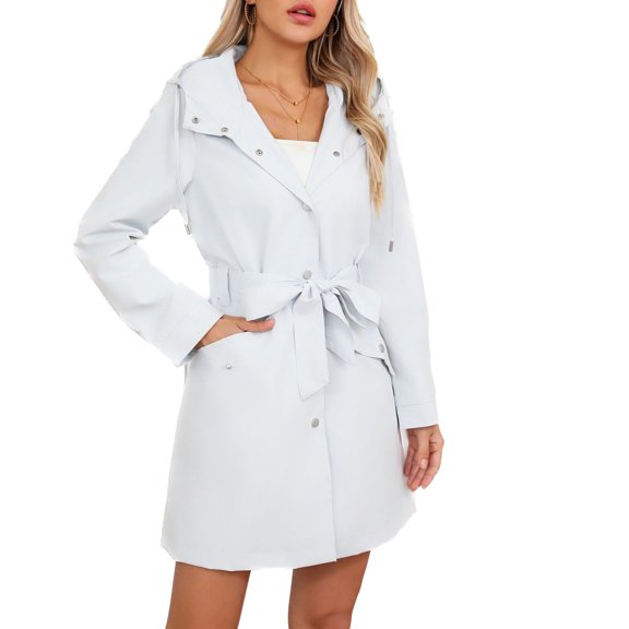 SWSMCLT Women's Hooded Trench Coat Slim Fit Button Down Rain Jackets Long Coats Waterproof Raincoat Spring Long Sleeve Belted Pockets Light Grey 14