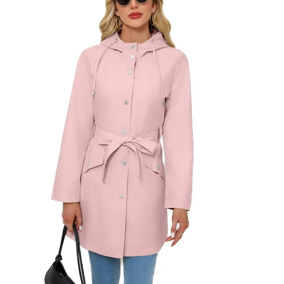 SWSMCLT Women's Hooded Trench Coat Slim Fit Button Down Rain Jackets Long Coats Waterproof Raincoat Spring Long Sleeve Belted Pockets Pink 6