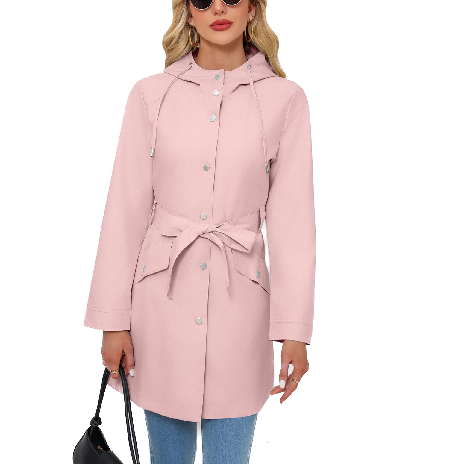 Eryao Womens Medium Length Hooded Coat Outdoor Waterproof Windproof Rain Jacket 2024 Winter Fall Hiking Windbreaker Waist Drawstring Prime Deals Oran