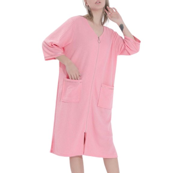 SWSMCLT Women's House Coat Soft Robe Knee Length V Neck Housecoat 3/4 Sleeve Cool Nightgown Pocket Zip Up Zipper Lightweight Waffle House Dress Pink X-Large