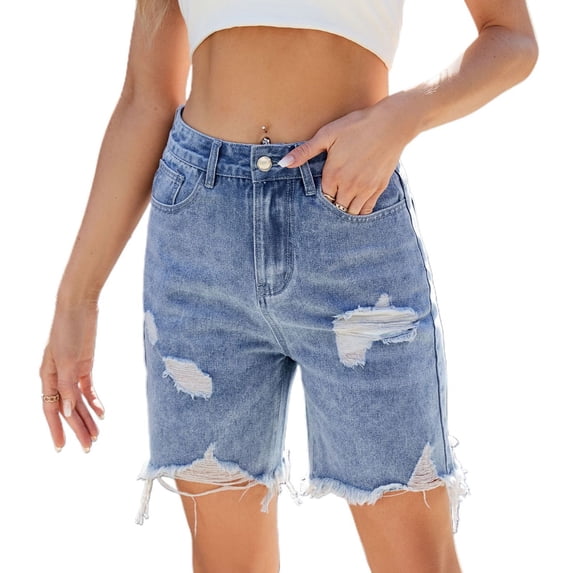 SWSMCLT Women's Jean Denim Shorts Mid Rise Shorts Pocket Button Casual Shorts Fashion Distressed Summer Light Blue Medium
