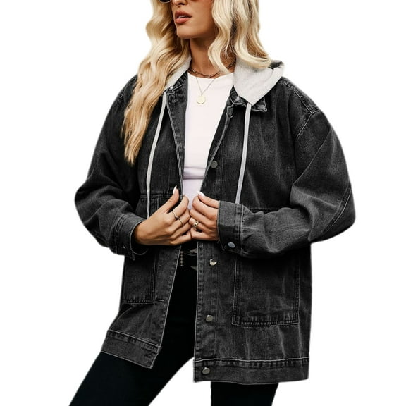 SWSMCLT Women's Jean Jacket Light Washed Coat Hooded Denim Jacket Long Sleeve Top Spring Soft Oversized Baggy Classic Western Casual Pocket Black Medium