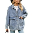 thumbnail image 1 of SWSMCLT Women's Jean Jacket Soft Light Washed Spring Button Down Oversized Baggy Collared Pocket Denim Jacket Loose Fit Classic Fall Top Long Sleeve Blue Large, 1 of 5