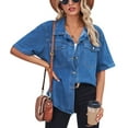 thumbnail image 1 of SWSMCLT Women's Jean Shirt Short Sleeve Button Up Top Summer Loose Fit Western Cowgirl Shirt Pockets Soft Fashion Casual Dark Blue X-Large, 1 of 4