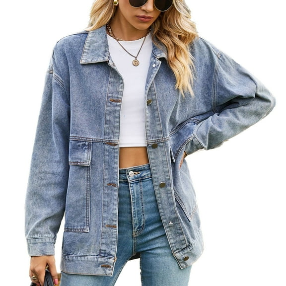 SWSMCLT Women's Jean Top Soft Jacket Long Sleeve Fall Pocket Ladies 80s Drop Shoulder Coat Oversized Spring Western Classic Blue XX-Large
