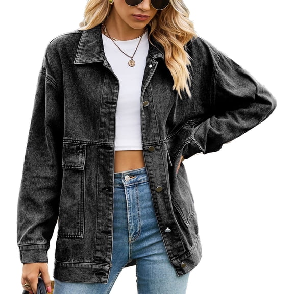 SWSMCLT Women's Jean Top Soft Jacket Long Sleeve Fall Pocket Ladies 80s Drop Shoulder Coat Oversized Spring Western Classic Dark Grey Small