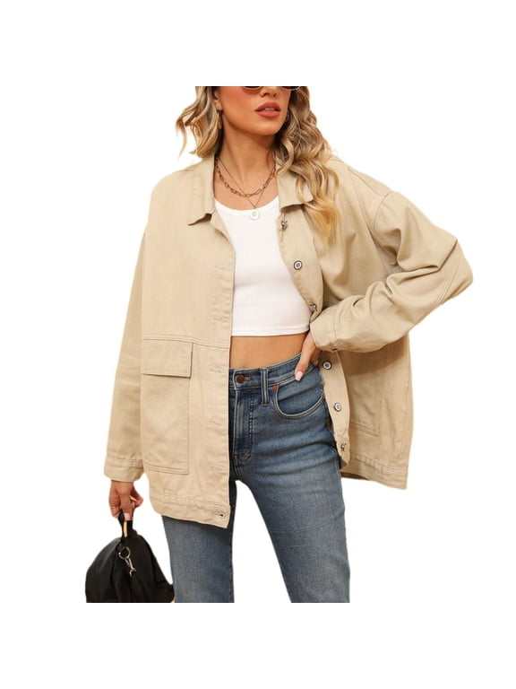 Women's Jean Top Soft Jacket Long Sleeve Fall Pocket Ladies 80s Drop Shoulder Coat Oversized Spring Western Classic Khaki Small