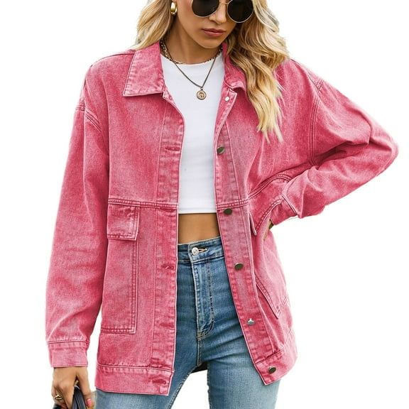 SWSMCLT Women's Jean Top Soft Jacket Long Sleeve Fall Pocket Ladies 80s Drop Shoulder Coat Oversized Spring Western Classic Pink X-Large