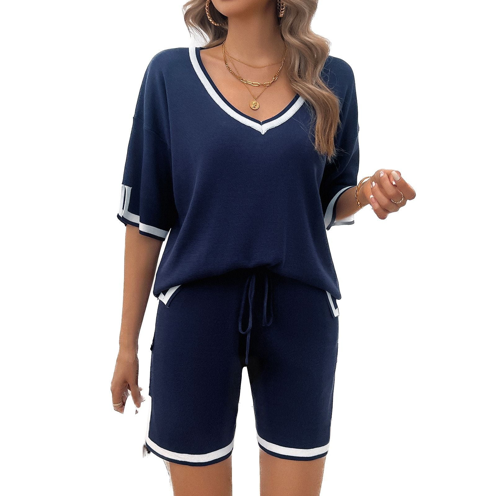 SWSMCLT Women's Knit Piece Outfit Short Sleeve Shorts Set