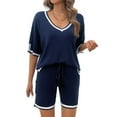 thumbnail image 1 of SWSMCLT Women's Knit 2 Piece Outfit Short Sleeve Shorts Set Drawstring Lounge Set Summer Comfy Casual Tracksuits V Neck Fall Soft Navy X-Large, 1 of 5