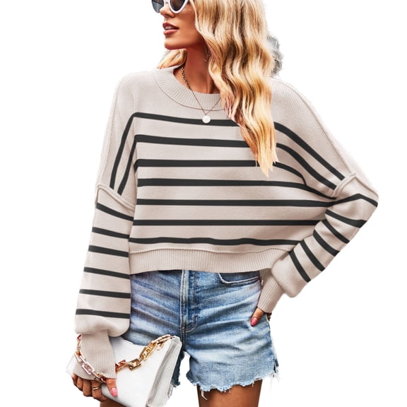 SWSMCLT Women's Knit Crop Top Knitted Pullover Sweaters Fall Baggy Batwing Sleeve Short Sweater Soft Fashion Casual Y2K Loose Fit Oversized Boat Neck Long Sleeve Black Apricot X-Large