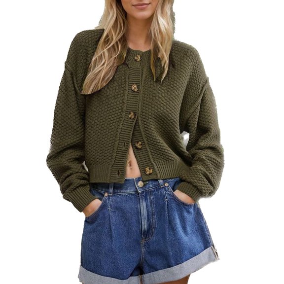 SWSMCLT Women's Knit Crop Top Solid Waffle Knitted Lantern Sleeve Short Cardigan Sweater Long Sleeve Spring Soft Button Down Loose Fit Baggy Oversized Green Small